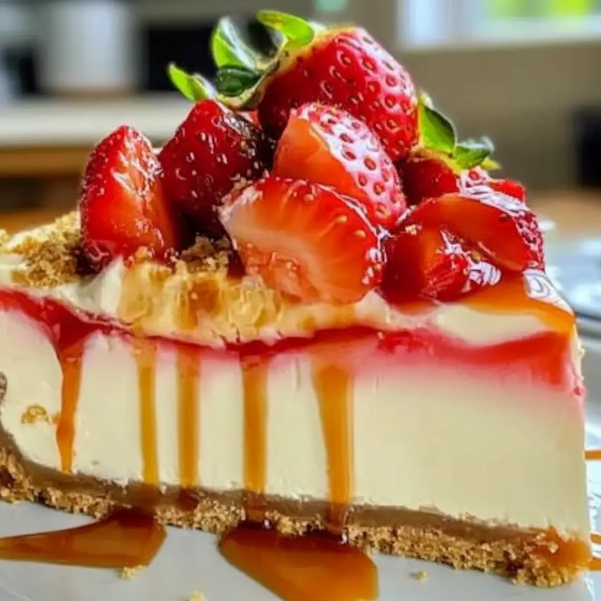 No Bake Strawberry Cream Cheesecake Slice With Caramel Drizzle