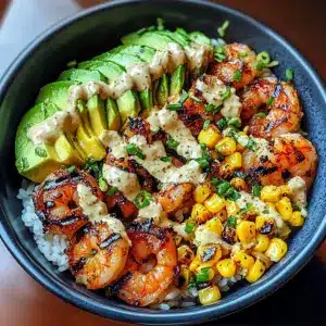 Grilled Shrimp Bowl with Avocado, Corn Salsa & Creamy Garlic Sauce